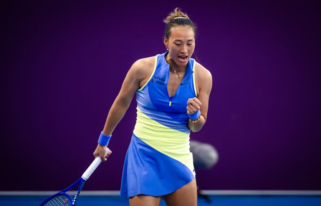Qinwen Zheng celebrates at the 2026 Qatar Open