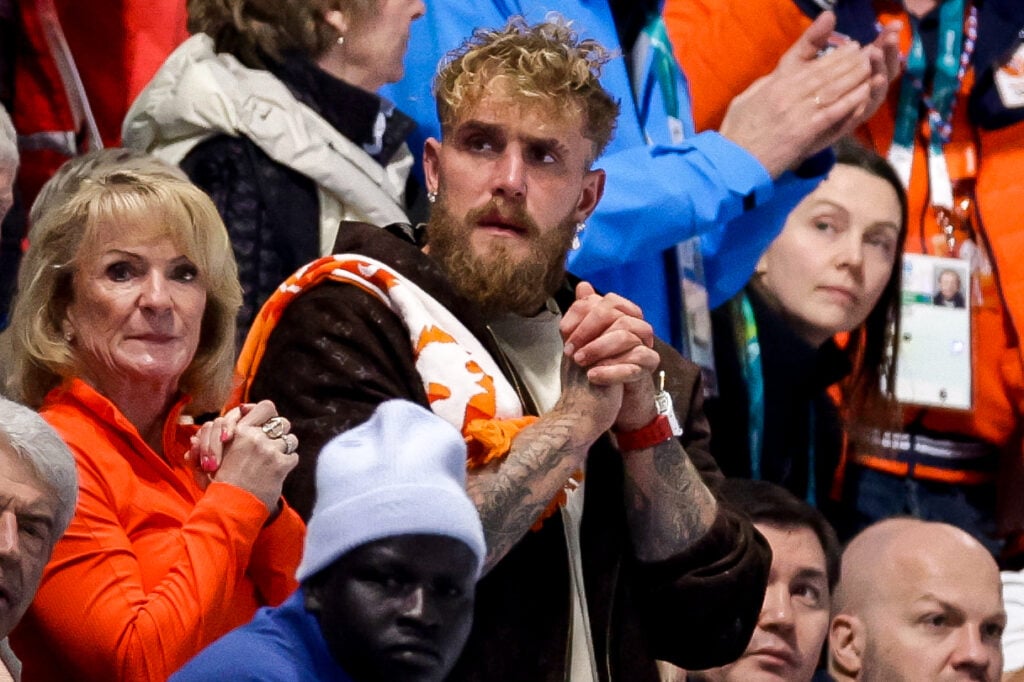 Boxer Jake Paul is seen in the stands while Jutta Leerdam of the Netherlands (not in picture) is competing in the Women's 1000m during Day 3 of Speed Skating - Milano Cortina 2026 Winter Olympics at Milano Speed Skating Stadium.