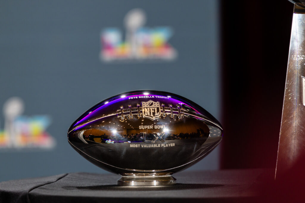 The Pete Rozelle Trophy Super Bowl MVP trophy is seen during a press conference after Super Bowl LX on February 9, 2026 at Moscone Center.