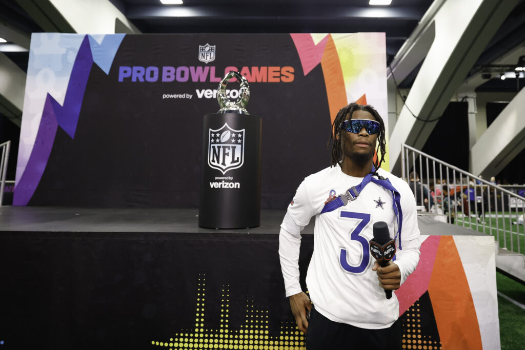 George Pickens #3 of the Dallas Cowboys stands near the Pro Bowl trophy after the 2026 NFL Pro Bowl game between the AFC and the NFC at the Moscone Center South on February 03, 2026 in San Francisco, California.
