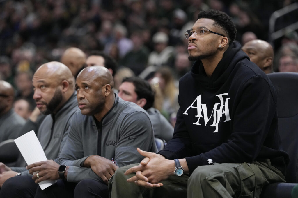 Giannis Antetokounmpo #34 of the Milwaukee Bucks sits on the bench during the first quarter against the Indiana Pacers at Fiserv Forum on February 06, 2026.