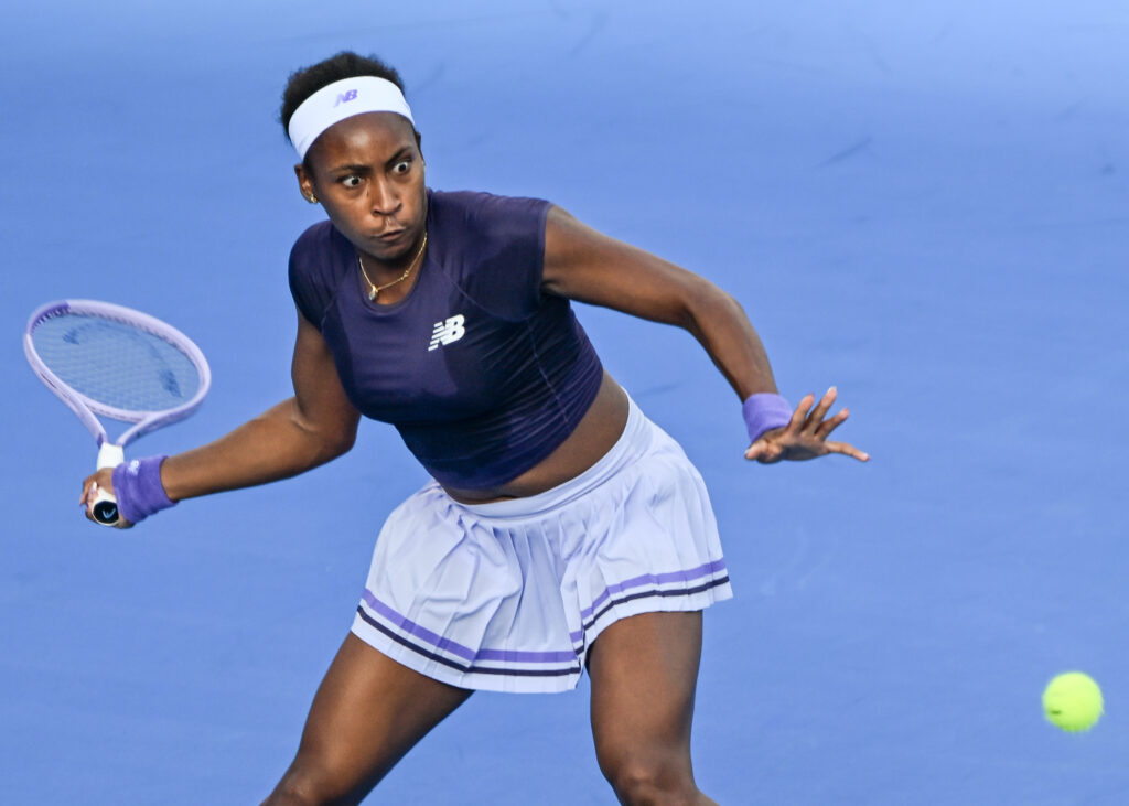 Coco Gauff hits a forehand at the 2026 Qatar Open
