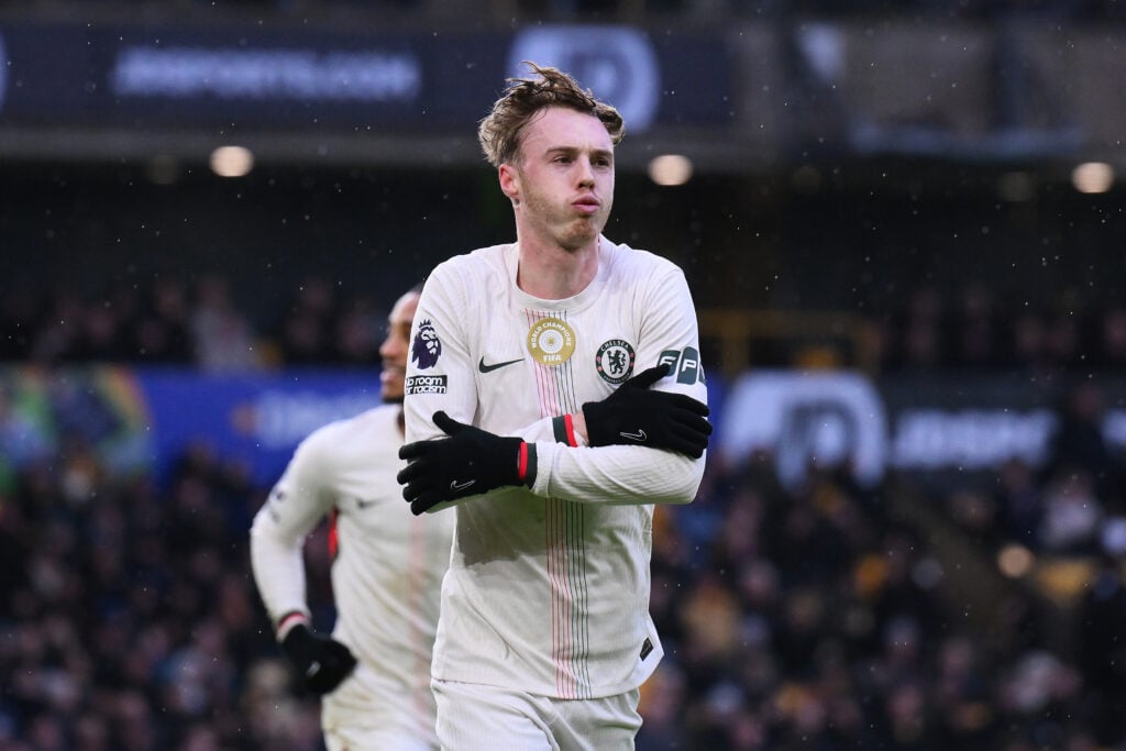 Cole Palmer celebrates scoring his team's third goal during the Premier League match between Wolverhampton Wanderers and Chelsea