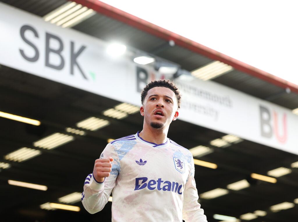 Jadon Sancho of Aston Villa reacts during the Premier League match between Bournemouth and Aston Villa