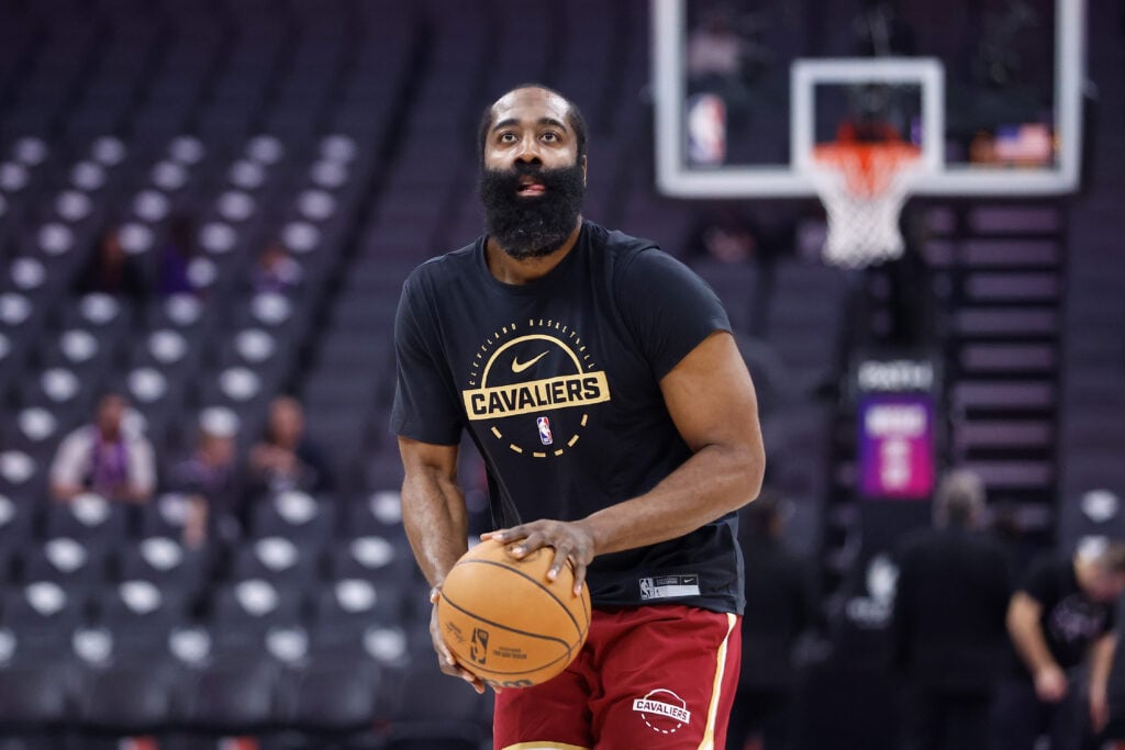 James Harden #1 of the Cleveland Cavaliers warms up before the game against the Sacramento Kings at Golden 1 Center.