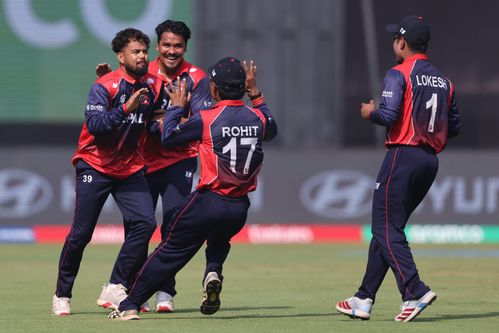 Sher Malla celebrates after taking the wicket of Phil Salt of England during the ICC Men's T20 World Cup India & Sri Lanka 2026 match between England and Nepal at Wankhede Stadium