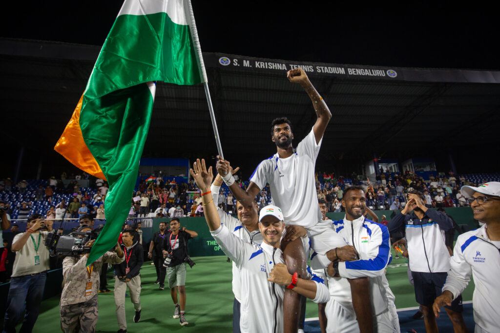 Dhakshineswar Suresh celebrates at the 2026 Davis Cup