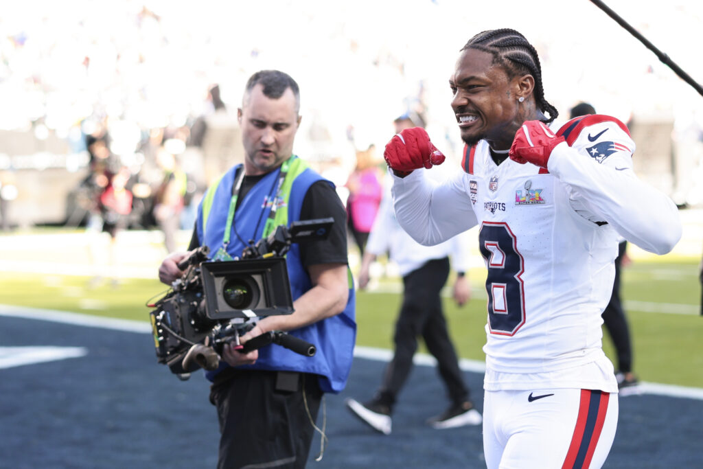Stefon Diggs #8 of the New England Patriots gestures towards the crowd prior to Super Bowl LX against the Seattle Seahawks at Levi's Stadium on February 08, 2026 in Santa Clara, California.