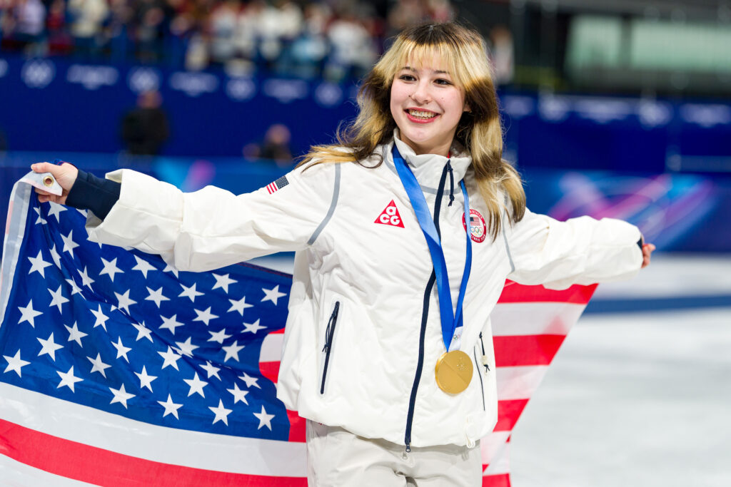 Alyssa Liu celebrates after winning gold at the 2026 Winter Olympics.