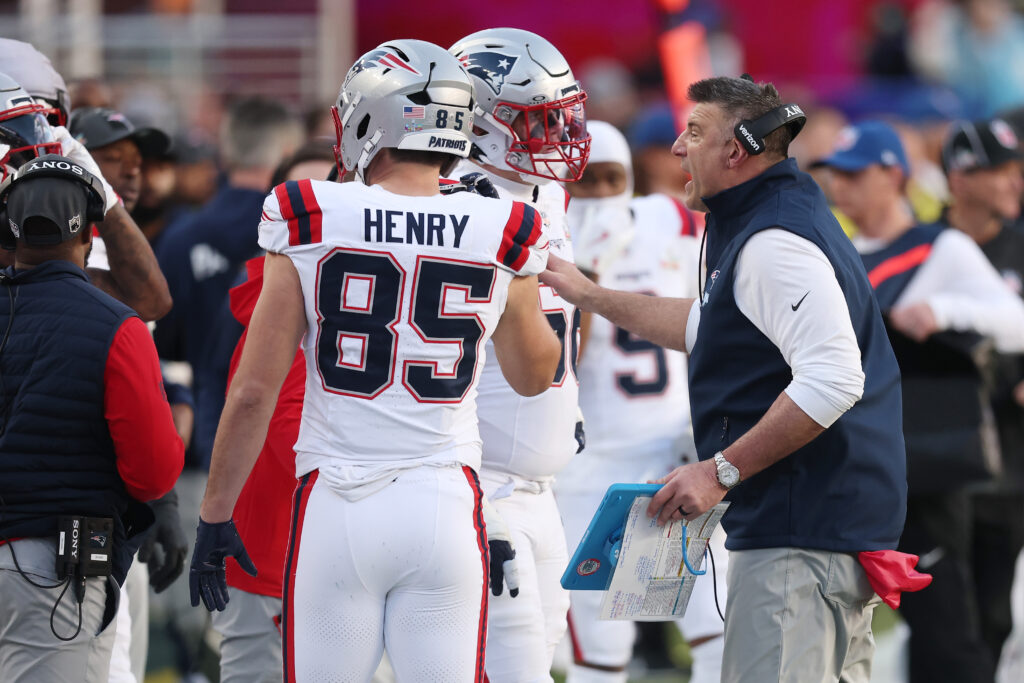 Head coach Mike Vrabel of the New England Patriots reacts during the first quarter of Super Bowl LX against the Seattle Seahawks at Levi's Stadium on February 08, 2026 in Santa Clara, California.