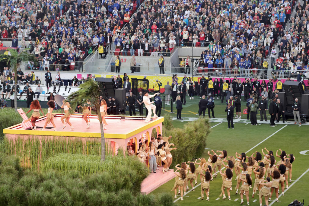 Bad Bunny performs onstage during the Apple Music Super Bowl LX Halftime Show at Levi's Stadium on February 08, 2026 in Santa Clara, California.