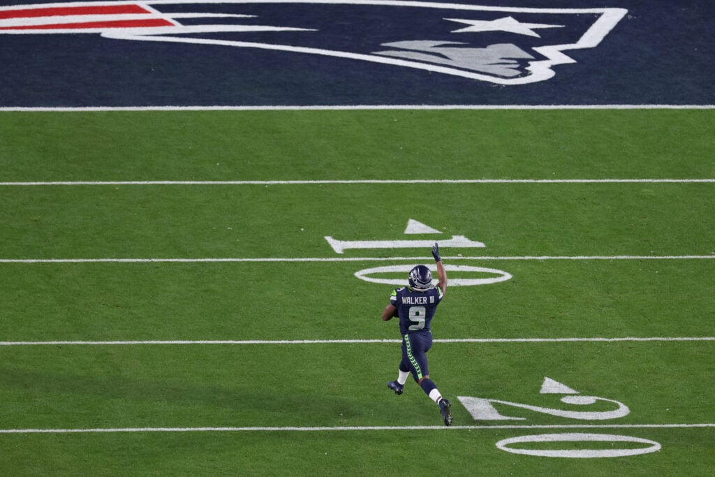 Kenneth Walker III #9 of the Seattle Seahawks runs for a touchdown that was called back during the fourth quarter against the New England Patriots in Super Bowl LX at Levi's Stadium on February 08, 2026 in Santa Clara, California.