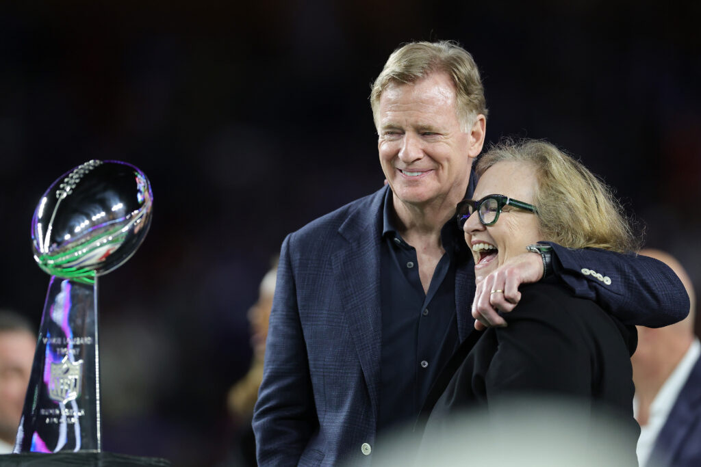 NFL Commissioner Roger Goodell and Jody Allen of the Seattle Seahawks celebrate after the Seattle Seahawks won Super Bowl LX at Levi's Stadium.