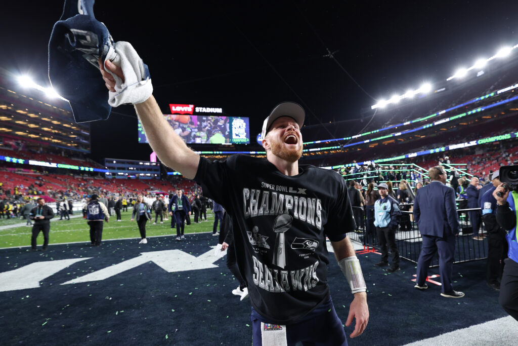 Sam Darnold #14 of the Seattle Seahawks celebrates after winning Super Bowl LX against the New England Patriots at Levi's Stadium.