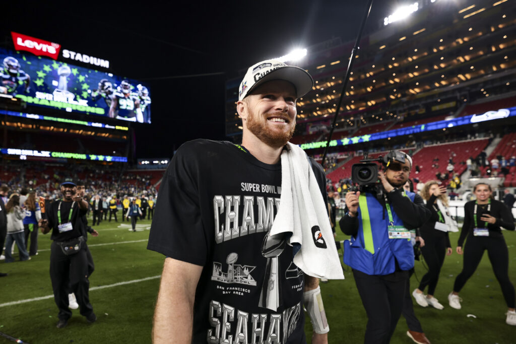 Sam Darnold #14 of the Seattle Seahawks celebrates after defeating the New England Patriots during the Super Bowl LX at Levi's Stadium.
