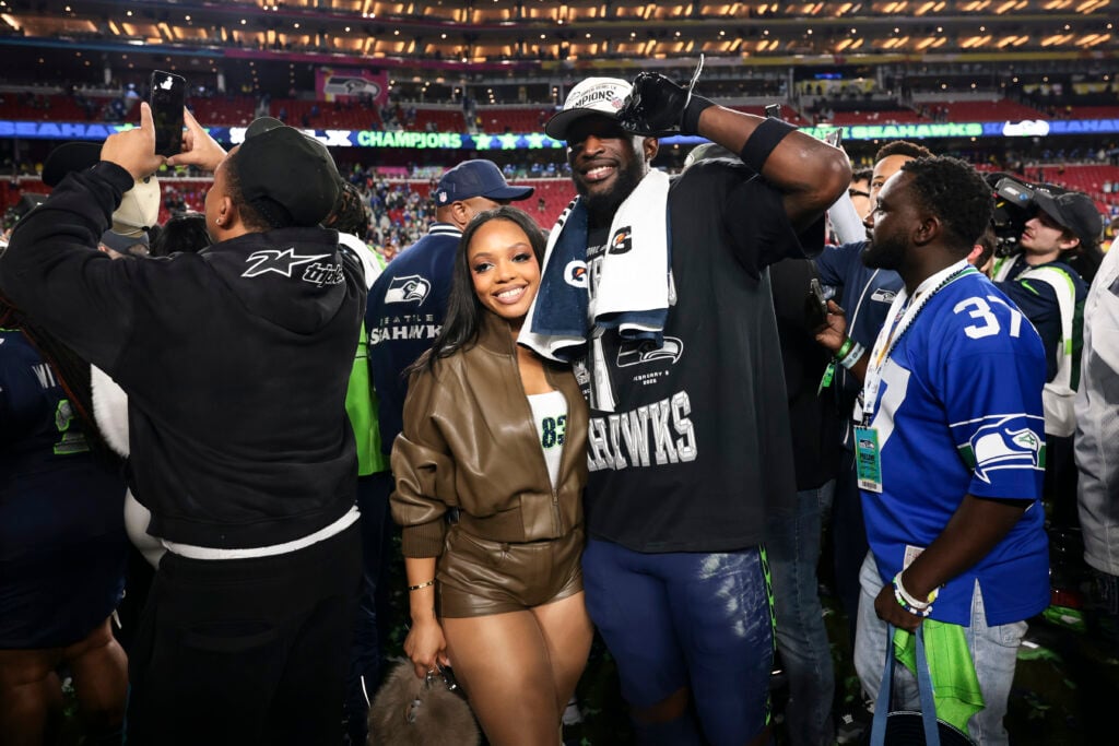 DeMarcus Lawrence #0 of the Seattle Seahawks celebrates after defeating the New England Patriots in Super Bowl LX at Levi's Stadium.
