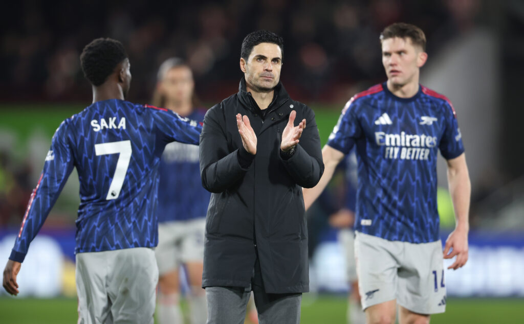 Arsenal manager Mikel Arteta applauds the fans at the final whistle during the Premier League match between Brentford and Arsenal at Gtech Community Stadium on February 12, 2026 in Brentford, United Kingdom.