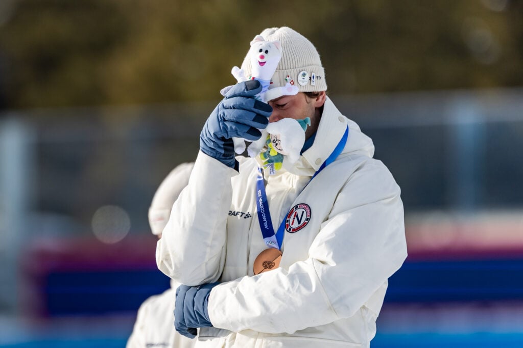 Bronze Medalist Sturla Holm Laegreid of Team Norway during the medal ceremony for the Men 20km Individual on day four of the Milano Cortina 2026 Winter Olympic Games at Anterselva Biathlon Arena on February 10, 2026.