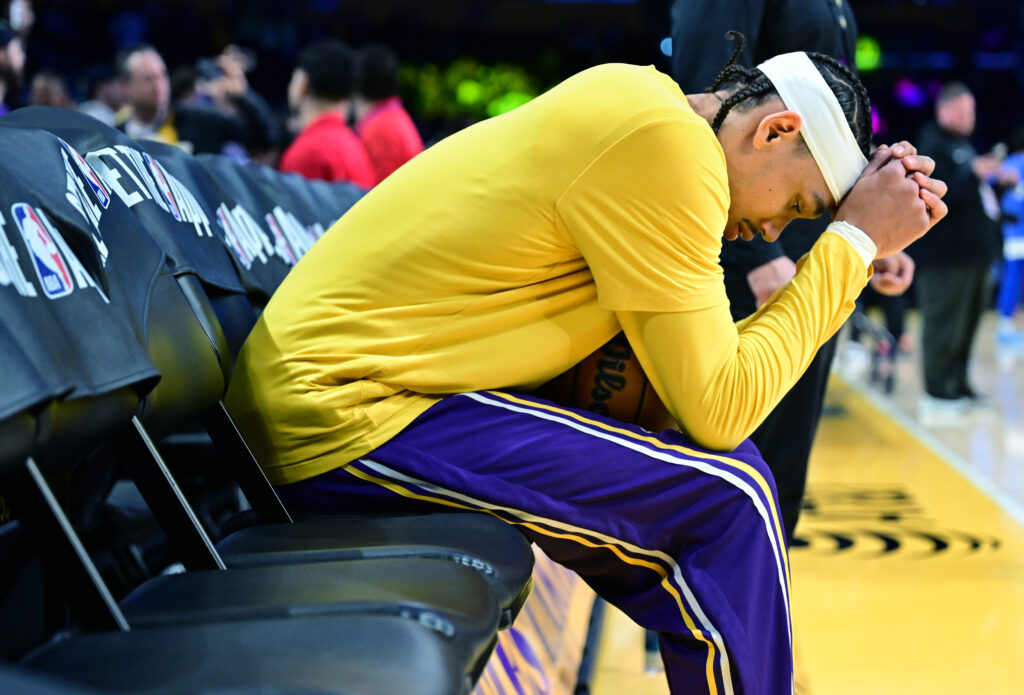 Jaxson Hayes #11 of the Los Angeles Lakers takes a moment before a game against the Dallas Mavericks at Crypto.com Arena.