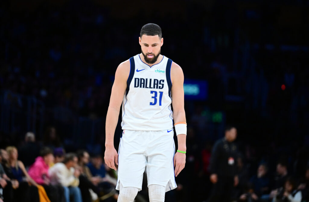 Klay Thompson #31 of the Dallas Mavericks walks off the court during a game against the Los Angeles Lakers at Crypto.com Arena.
