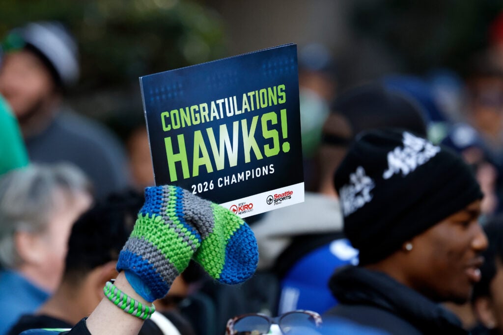 Fans celebrate during the Seattle Seahawks Super Bowl LX victory celebration and parade at Lumen Field on February 11, 2026 in Seattle, Washington.
