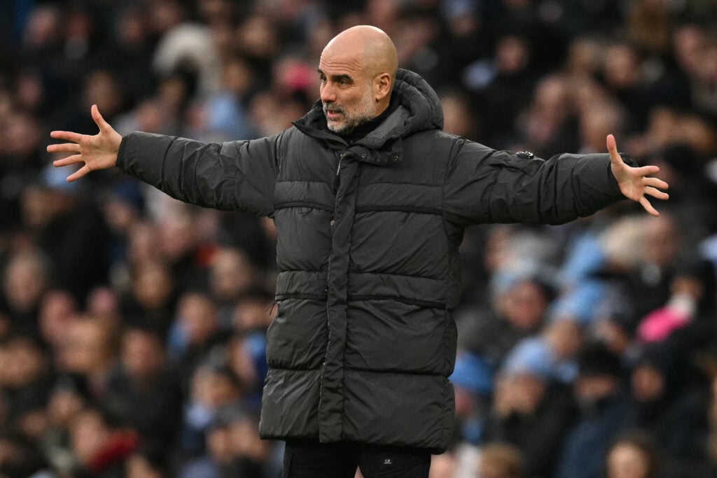 Manchester City's Spanish manager Pep Guardiola gestures during the English FA Cup third round football match between Manchester City and Salford City at the Etihad Stadium.