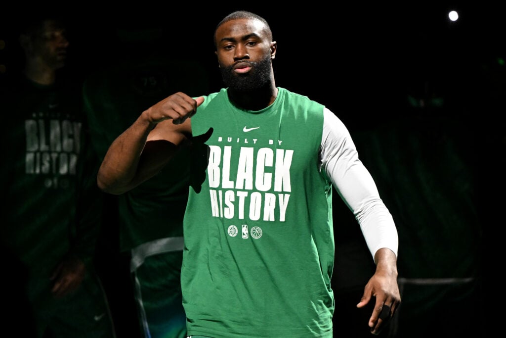 Jaylen Brown #7 of the Boston Celtics is introduced before the game against the Chicago Bulls during the first half at the TD Garden.