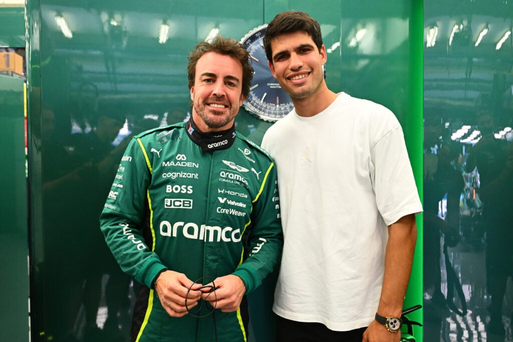 Fernando Alonso and Carlos Alcaraz pose for a picture together in Bahrain