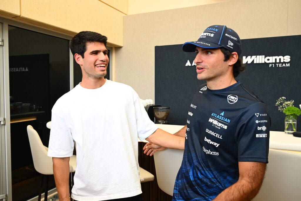 Carlos Alcaraz and Carlos Sainz pictured together at the 2026 Bahrain F1 test