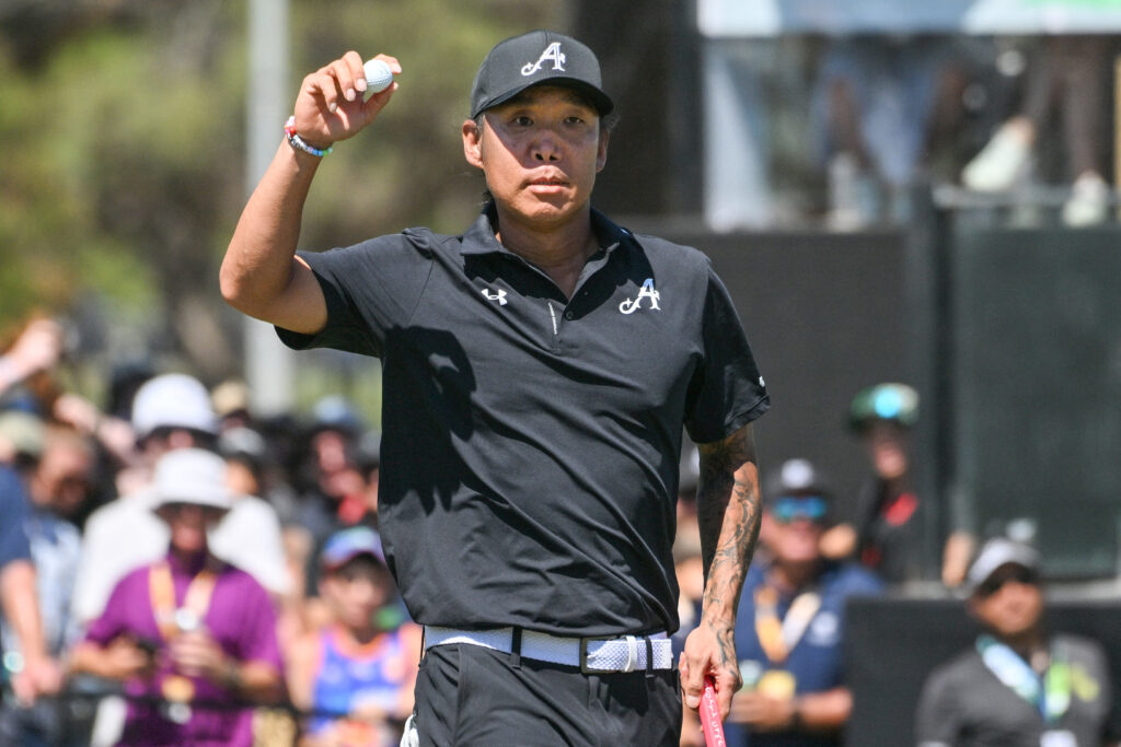 4Aces GC player Anthony Kim from the USA reacts after taking the lead on the final day of the LIV Golf Adelaide