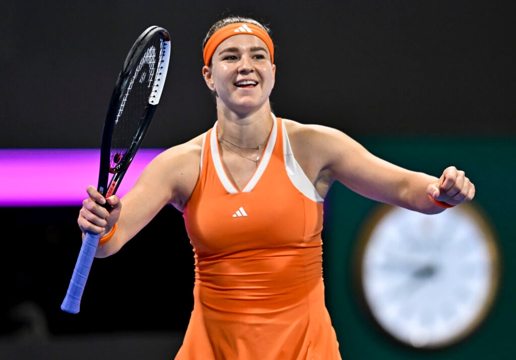 Karolina Muchova of the Czech Republic celebrates after winning the women's singles final match against Victoria Mboko of Canada during the WTA Qatar TotalEnergies Open 2026 tennis tournament at the Khalifa International Tennis Complex in Doha, Qatar, on February 14, 2026.