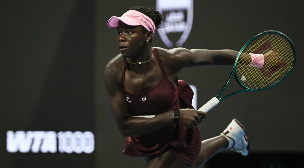 Victoria Mboko of Canada competes against Karolina Muchova of the Czech Republic in the singles final on Day Seven of the Qatar TotalEnergies Open, part of the Hologic WTA Tour, at the Khalifa International Tennis and Squash Complex on February 14, 2026 in Doha, Qatar.