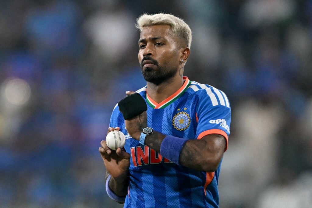 India's Hardik Pandya prepares to bowl during the 2026 ICC Men's T20 Cricket World Cup group stage match between India and Pakistan at the R Premadasa Stadium in Colombo.