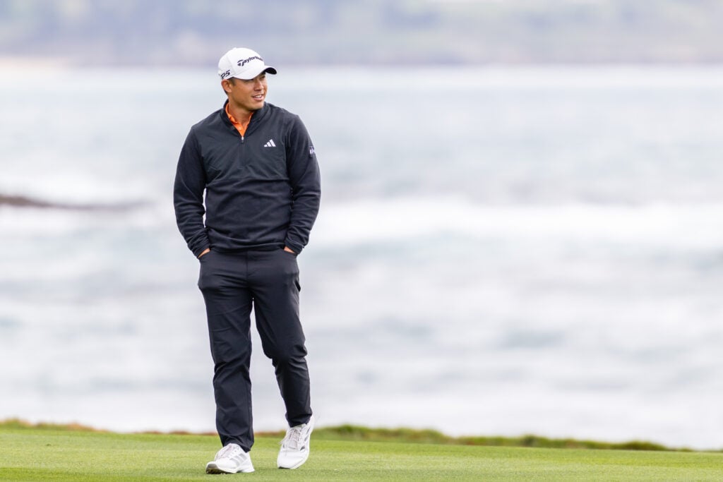 Collin Morikawa of the United States looks on at the 18th hole during the final round of the AT&T Pebble Beach Pro-Am 2026