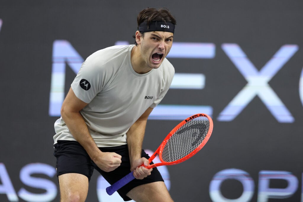 Taylor Fritz of the United States reacts after winning a point against Sebastian Korda of the United States in the Men's Singles Quarterfinals match during day five of the 2026 Dallas Open at The Ford Center at The Star on February 13, 2026 in Frisco, Texas.