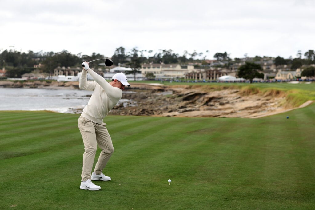 Rory McIlroy of Northern Ireland plays his shot from the 18th tee during the second round of the AT&T Pebble Beach Pro-Am 2026