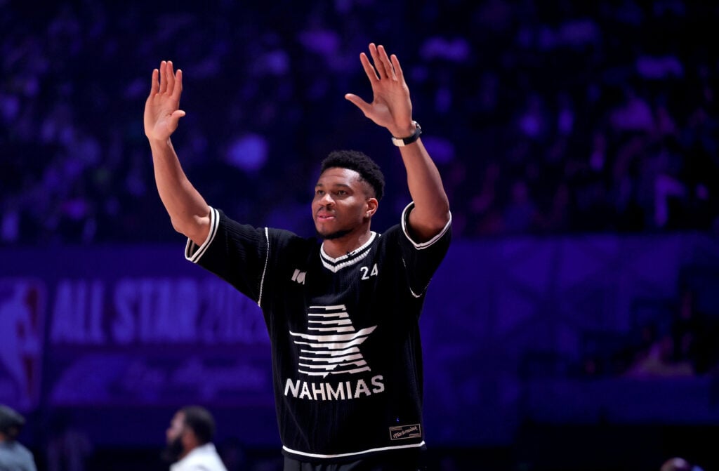 Giannis Antetokounmpo , Two-time NBA MVP and NBA champion of the Milwaukee Bucks coaches during the Celebrity Game during 2026 NBA All-Star at The Kia Forum on February 13, 2026 in Inglewood, California.