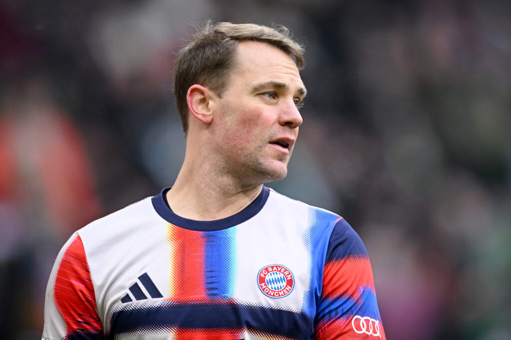 Manuel Neuer of FC Bayern Munich looks on during the warm up prior to the Bundesliga match between SV Werder Bremen and FC Bayern München at Weserstadion.