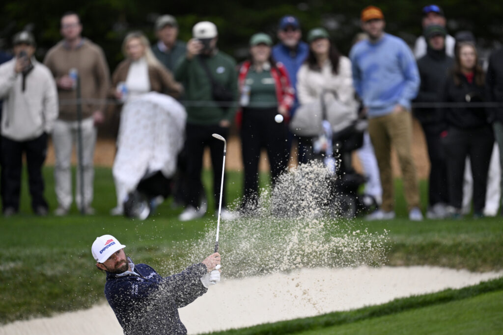 Cameron Young of the United States plays a shot from a bunker on the 14th hole during the third round of the AT&T Pebble Beach Pro-Am 2026 at Pebble Beach Golf Links