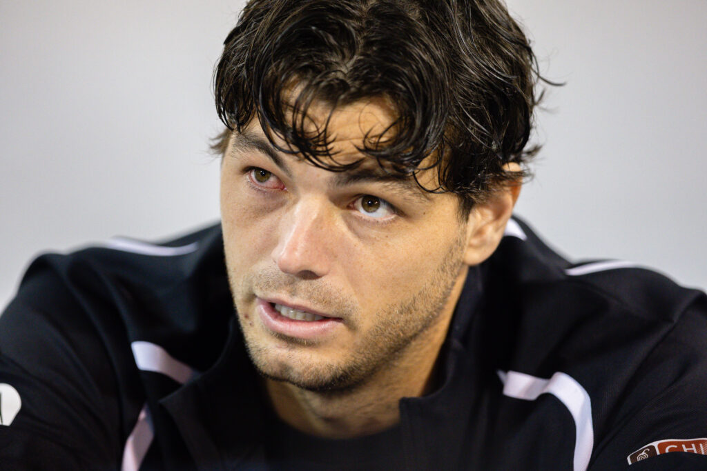 Taylor Fritz of the USA answers questions during a press conference with an eye infection on Day 2 of the Delray Beach Open at the Delray Tennis Center in Delray Beach, Florida, on February 17, 2026.