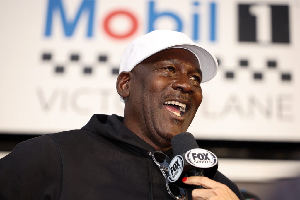 Michael Jordan, NBA Hall of Famer and co-owner of 23XI Racing speaks to the media in victory lane after Tyler Reddick, driver of the #45 Chumba Casino Toyota, wins the NASCAR Cup Series Daytona 500.