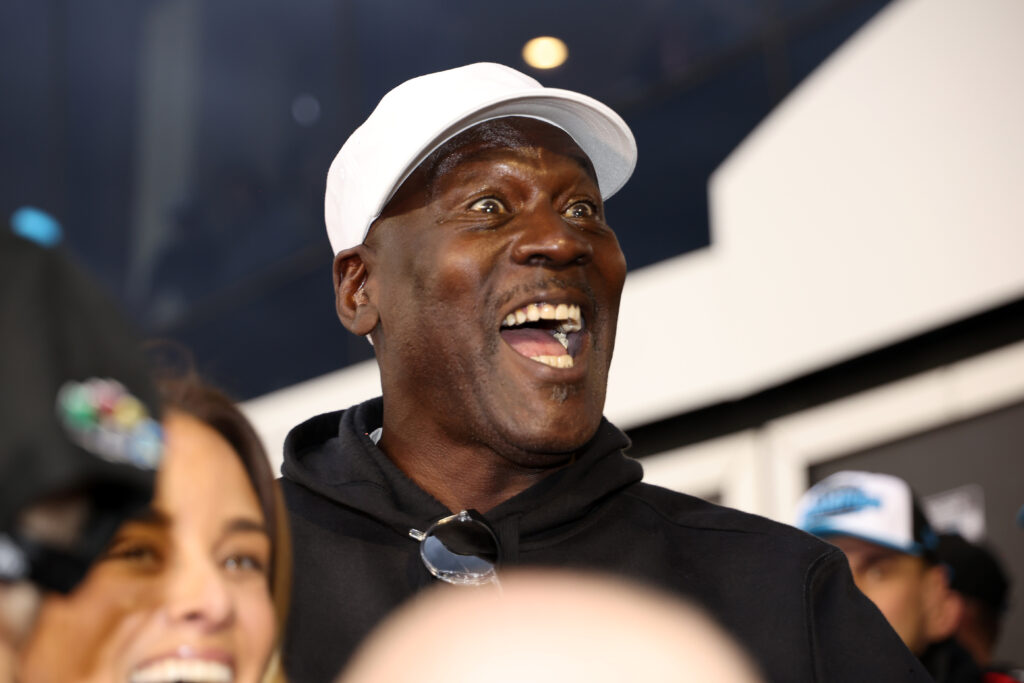 Michael Jordan, NBA Hall of Famer and co-owner of 23XI Racing reacts in victory lane after Tyler Reddick, driver of the #45 Chumba Casino Toyota, wins the NASCAR Cup Series Daytona 500 at Daytona International Speedway on February 15, 2026 in Daytona Beach, Florida.