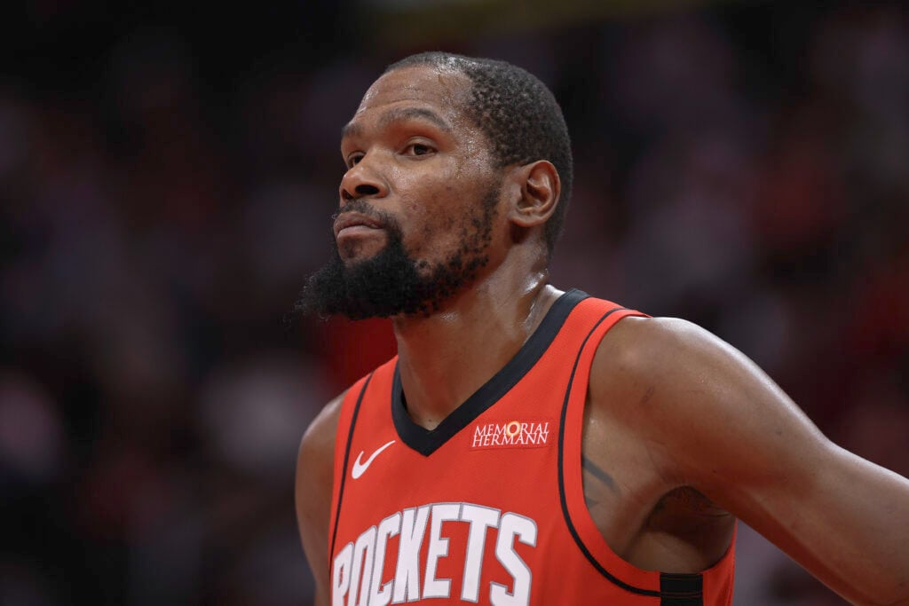 Kevin Durant #7 of the Houston Rockets looks on during the second half of the game against the Los Angeles Clippers at Toyota Center on February 11, 2026 in Houston, Texas.