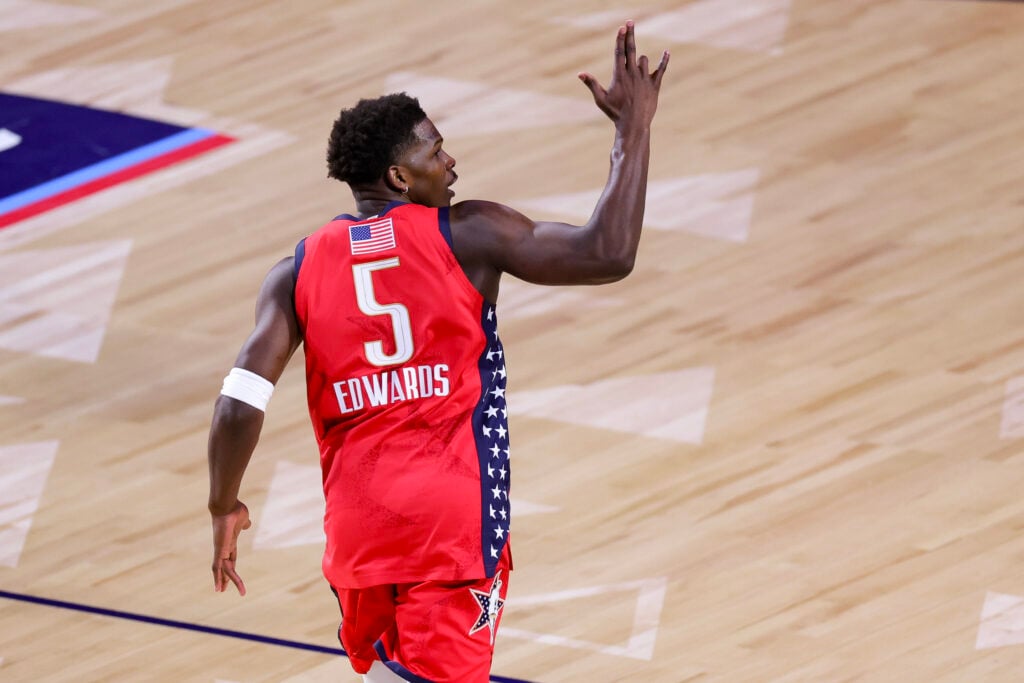 Anthony Edwards #5 of the Minnesota Timberwolves and Team USA Stars gestures during the 75th NBA All-Star Game at Intuit Dome on February 15, 2026 in Inglewood, California.