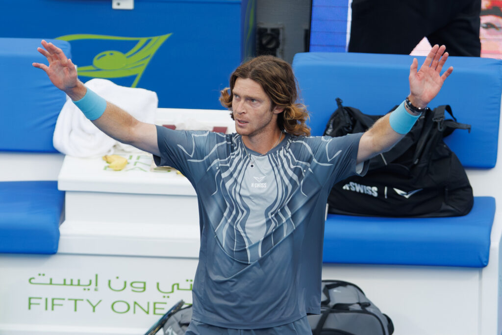 Andrey Rublev celebrates at the Qatar Open.