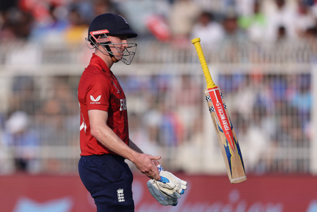 Harry Brook of England walks off the field after been dismissed by JJ Smuts of Italy during the ICC Men's T20 World Cup India & Sri Lanka 2026 match between England and Italy