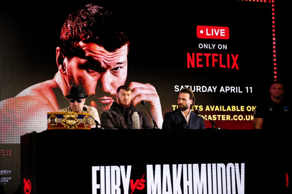 Rick Reeno, Arslan Makhmudov and Antonin Decarie attend the Tyson Fury and Arslan Makhmudov face off during a press conference at Tottenham Hotspur Stadium on February 16, 2026 in London, England.