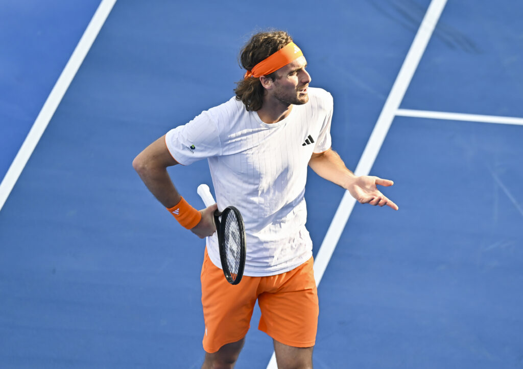 Stefanos Tsitsipas reacts during the 2026 Qatar Open