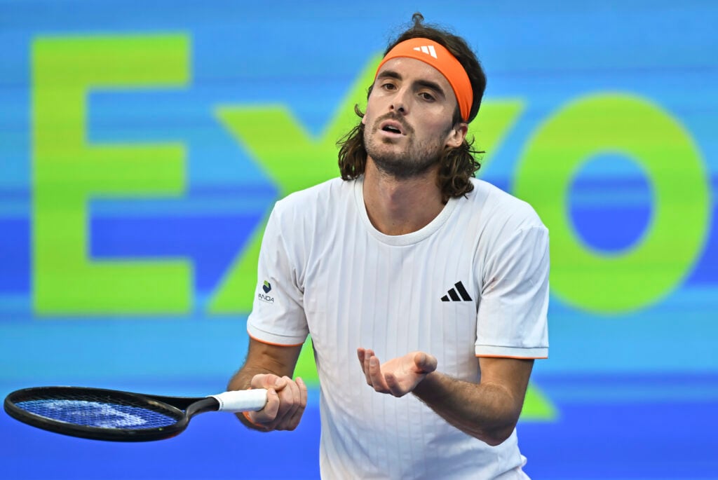 Stefanos Tsitsipas reacts during the 2026 Qatar Open