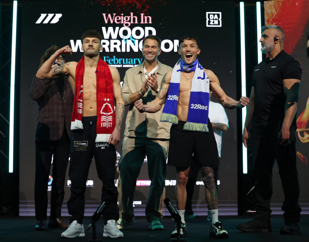 Leigh Wood (left, red scarf) and Josh Warrington Weigh In ahead of their Super Featherweight Contest.